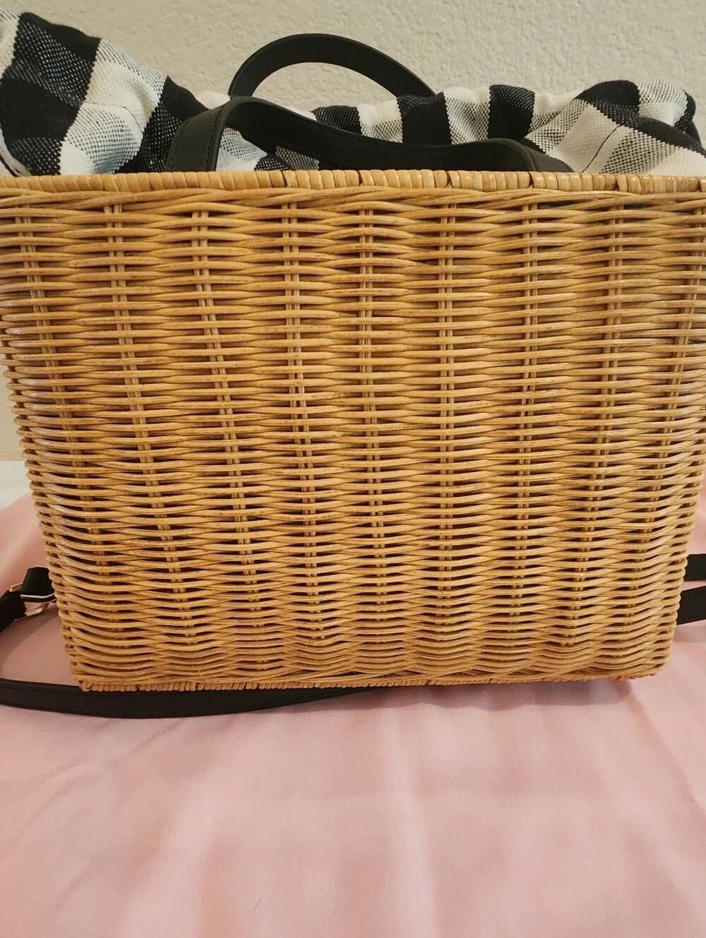 RARE Kate Spade Sam Gingham Wicker Medium Satchel Basket Bag W/ Dust Bag